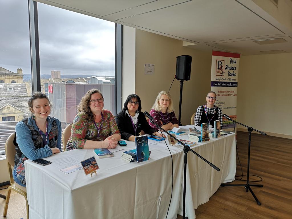 Anna Lister Birthday Week - Bold Strokes Books Writing Workshop - Authors L-R Jenna Jarvis, Lyn Hemphill, Mayapee Chowdhury, Cathy Dunnell and Anna Larner