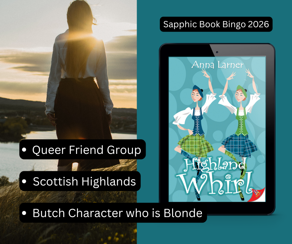 Promo for Highland Whirl 2026 Sapphic Book Bingo. Scottish Highlands, Queer Friend Group.
